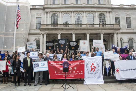 Leaders and supporters gather at the NYC city hall to send strong messages of Hepatitis awareness.
